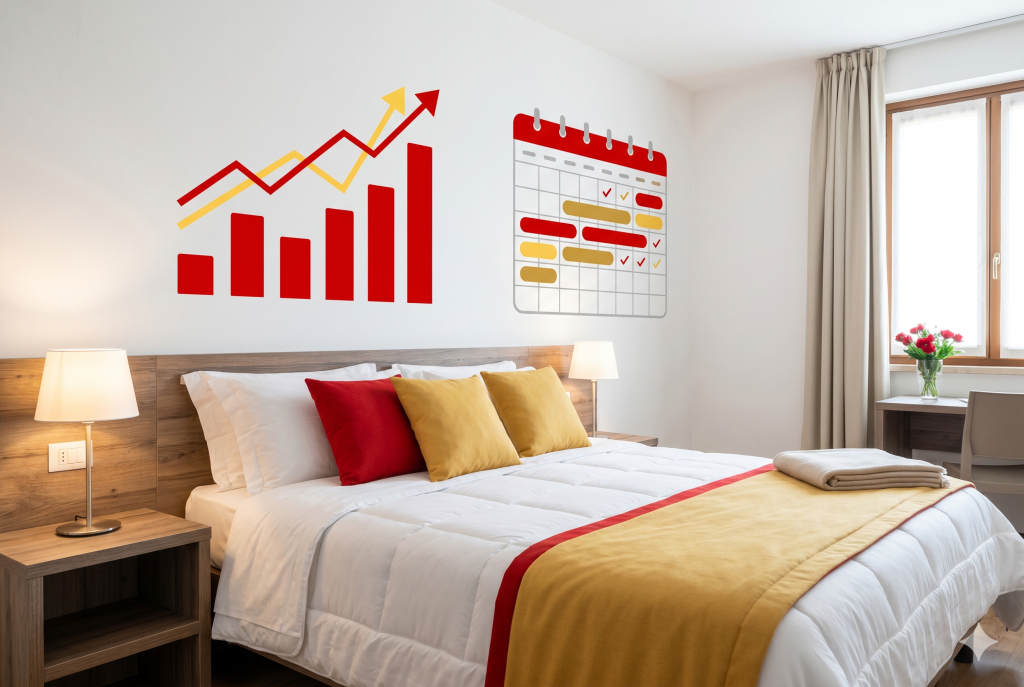 camera da letto di B&B curata con grafica stilizzata di grafici in crescita e calendario prenotazioni sullo sfondo