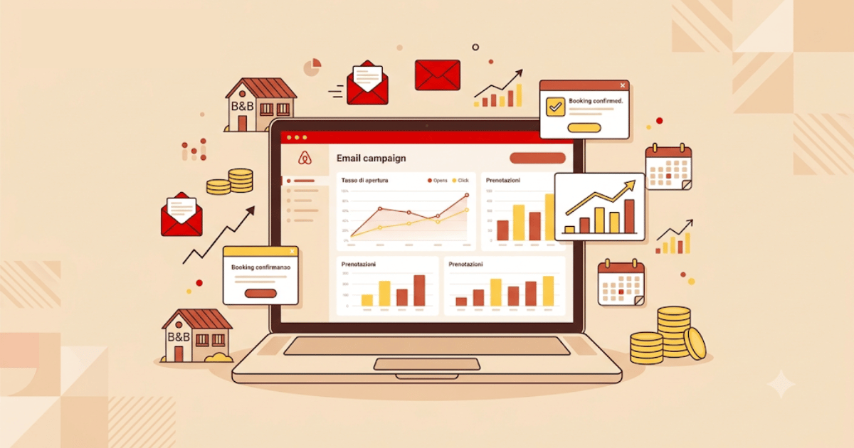 schermo dashboard proprietario b&b con piano editoriale che programma campagne email marketing